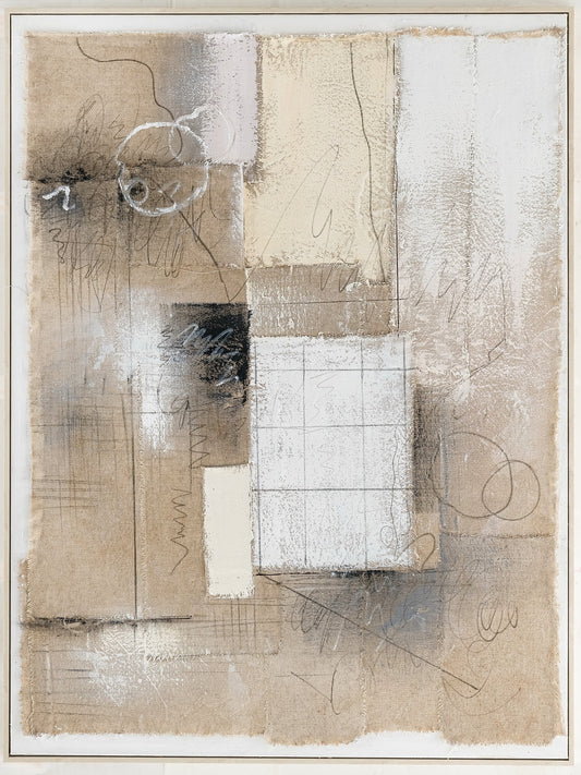 Fragment Cadence by Archer & Grove: collage-style wall art with layered rectangular fragments and pencil linework, whitewash frame.