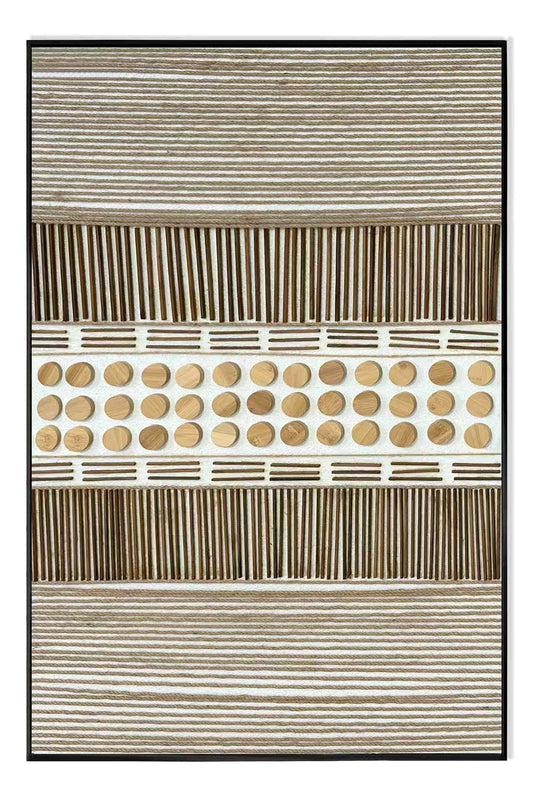 Woven Strata by Archer & Grove: textured wall art in horizontal bands of natural rope, bamboo dowels, and round wood discs, black frame.