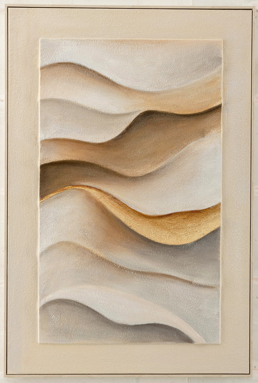 Gilded Cadence by Archer & Grove: oil-painted abstract wall art in earth tones with a fine gold line accent, whitewash frame.