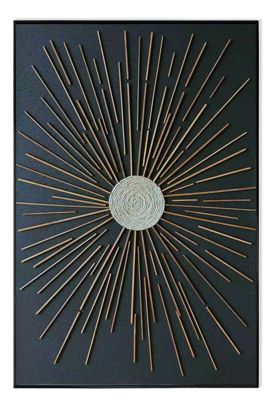 Meridian Radiance by Archer & Grove: radiating bamboo-strip sunburst wall art with a woven rope centre on black, black frame.