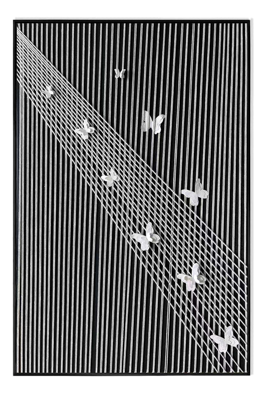 Fugue Veil by Archer & Grove: hand-strung cord lattice wall art with dimensional paper butterflies on black, black frame.