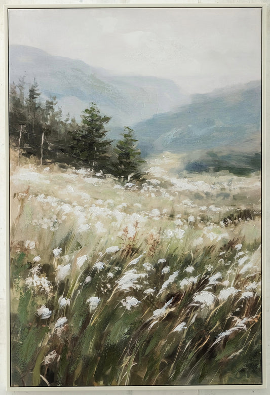 Ethereal Bloom Vista by Archer & Grove: painterly wall art of a misty wildflower meadow rolling toward distant hills, white frame.